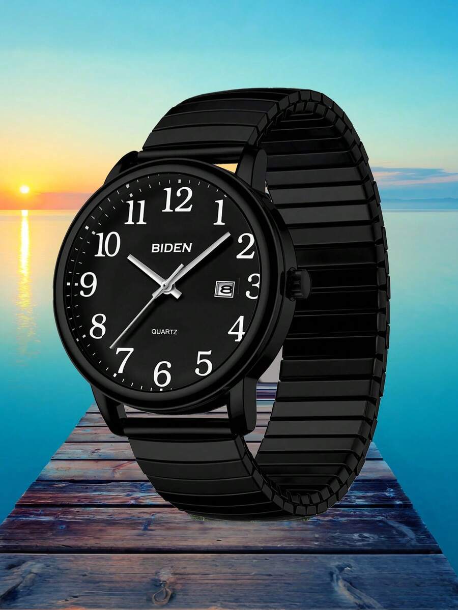 BIDEN Đồng hồ đeo tay phong cách cổ điển, unisex, máy quartz kim, phù hợp cho người trung niên và người cao tuổi, mặt số chữ số Ả Rập lớn, hiển thị ngày tự động, chống nước, dây đeo co giãn có thể điều chỉnh.