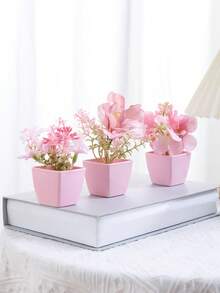 1pc/3pcs 3-4inch(H) Mini Pink Potted Artificial Flowers For Home, Bedroom, Living Room, Wedding, Birthday, Graduation, Party And Desktop Decoration