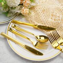 5/10/25/50 piezas Juego de cubiertos chapados en oro, tenedor y cuchara para pastel/ensalada, tenedor para postre/sushi, tenedor para pasta, cuchillo para bistec, utensilios para ensalada, juego de cubiertos reutilizables, adecuado para fiestas, cumpleaños, eventos al aire libre, bodas, reuniones familiares, jubilación, inauguración de casa, Navidad
