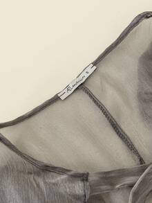 Amyenjoylife 菲律宾女装，现代优雅菲律宾复古风格泡泡袖圆领系带衬衫，春夏 - 深灰色 - 查看 3