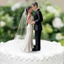 Elegant Bride & Groom Wedding Cake Topper With Veil 4.3" - Anniversary, Bridal Shower, Engagement Party Decoration