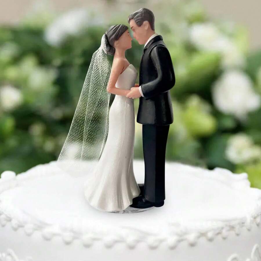 Elegant Bride & Groom Wedding Cake Topper With Veil 4.3" - Anniversary, Bridal Shower, Engagement Party Decoration