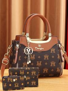 女士时尚包袋套装 - 优雅几何印花、仿皮托特包、斜挎包和手拿包 - 咖啡 - 查看 10