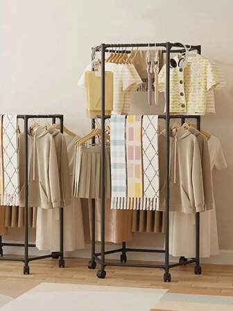 两款旋转式带轮衣架 - 坚固的16mm金属管，独立悬挂式衣架，便携式设计，高效收纳展示衣物，黑/白两色可选，洗衣房收纳神器 | 六边形设计 | 金属结构旋转式带轮衣架 - 稳固收纳，操作简便，高效展示衣物，金属结构洗衣房收纳衣架