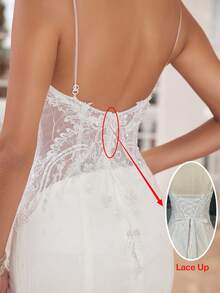 Beige Tulle Lace Applique Fishtial Slip Dress Long Wedding Dress - Beige - View 4
