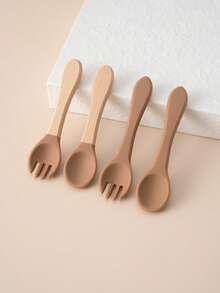 PopLittleOne 4 pezzi Cucchiai e forchette in silicone per bambini, utensili morbidi per bambini con manico in legno, accessori per l'alimentazione del bambino, articoli per bambini, accessori per l'alimentazione del bambino di colore solido