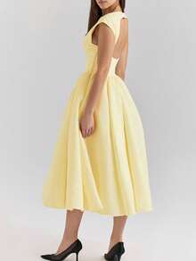 欧美春夏露背圆领无袖黄色连衣裙优雅大方法式小众长款派对礼服白色毕业女酒会聚会连衣裙 - 杏色 - 查看 5