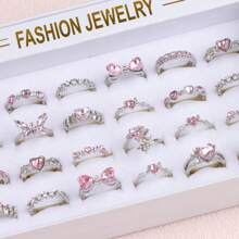 10枚/套 优雅时尚粉色水晶戒指，蝴蝶和心形，浪漫约会，情人节礼物，日常配饰
