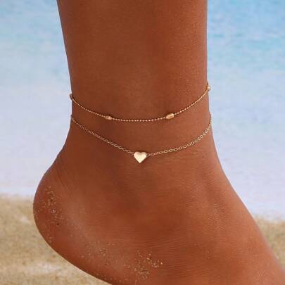 1pc Fashionable European & American Style Minimalist Beaded Heart Layered Anklet For Girl, Versatile Summer Accessory, New Creative Vintage Simplistic Double-Layer Heart Anklet