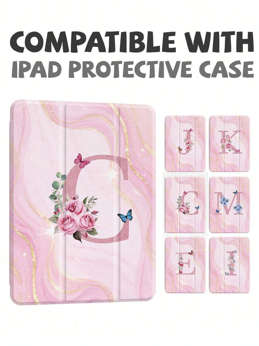 Ayotu CEJ 字母粉色大理石纹平板电脑保护壳，10 种字母设计防震保护，兼容 iPad 10.2 英寸 2021/2020 iPad 第 9/8 代、iPad 第 10 代、iPad (A16) 11 英寸第 11 代 2025，兼容三星 Galaxy Tab，带笔架，支持自动睡眠/唤醒盖，优雅清爽的平板电脑保护壳 - 彩色 - 查看 1