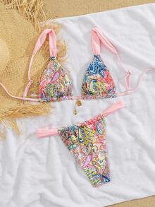 PEPPERMOLLY 全新柔软可调节肩带印花系带优雅派对比基尼套装，夏季海滩时尚女士比基尼 - 淺粉 - 查看 2