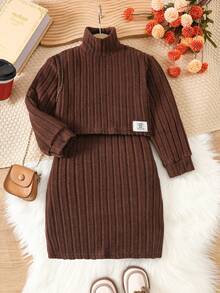 2pcs Girls Solid Ribbed Knit Cover Up + Cami Dress Casual Set