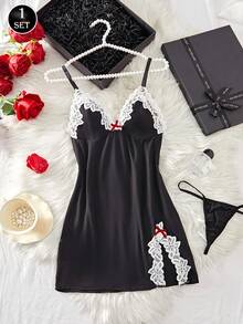 2pcs Plus Size Women Lace Nightgown & G-String Set, Black Lace Spaghetti Strap Sexy Deep V Backless Lingerie Sleepwear With Stretchy G-String
