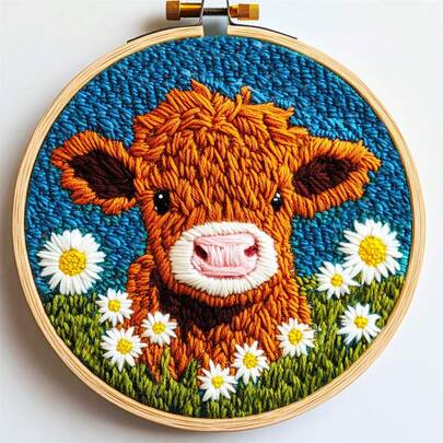 DIY Punch Needle Kits For Beginners Cute Cartoon Highland Cow With Daisy Flower Embroidery Set
