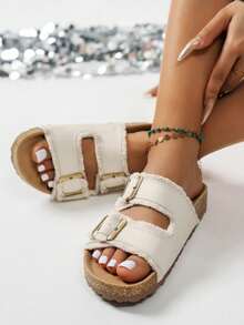 Wide Fit Summer New Comfortable Flat Non-Slip Beach Sandals, Casual Metal Buckle Fashion Versatile Open Toe Thick Sole Slides - Beige - View 5