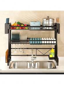 Large Over Sink Kitchen Storage Rack - 2-Tier Adjustable Stainless Steel Dish Organizer With Knife Holder & Utensil Stand, Fits 13.78"-39.37" Cabinets (Ideal For 28.74" Height, Space Saving Design,Kitchen Organization And Storage/Kitchen Accessories/Christmas Decorations For Home/Christmas Decor/Funny Gifts - 黑色 - 查看 7