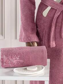 Albornoz de algodón con cuello chal y detalle bordado en el cuello - S/M - L/XL - Hecho en Turquía - Púrpura polvoriento - Ver 3