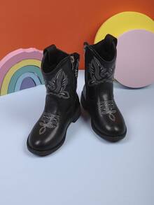 1双儿童时尚休闲牛仔靴，儿童秋冬刺绣中筒复古靴，儿童V型厚筒踝靴 - 黑色 - 查看 5