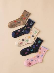 5 双花卉图案百搭休闲可爱女士中筒袜，秋季袜子