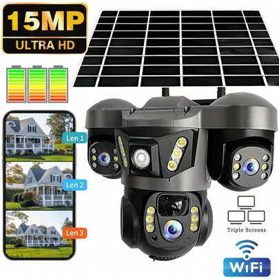 SWVW 15MP WiFi Solar IP Camera WiFi CCTV Triple Lens Triple Screen PTZ Auto Tracking Curious Security Surveillance V380 Pro Camera, WiFi Outdoor And Indoor Security Home Cameras, Wireless WiFi Cameras, IP Cameras, PTZ Cameras, Ring Camera ,None Surveillance Cameras,CCTV Cameras,Pet Camera ,Smart Outdoor Indoor PTZ IP Surveillance Cameras, Automatic Tracking, Alarm And Color Night Vision
