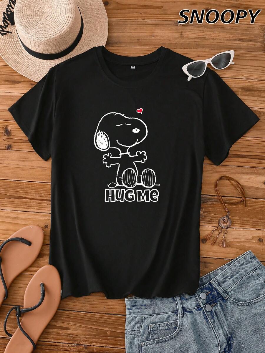 Hug Me 女款夏季休闲短袖可爱卡通印花针织毛衣 - 黑色 - 查看 1