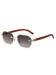 1 Pair Diamond-Edge Frameless Fashion Glasses For Men, Vintage Faux Wooden Temple Legs, Suitable For Everyday Wear, Outdoor, Driving, UV Protection