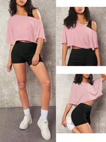 1 pieza Blusa corta de mujer talla grande de un hombro, unicolor, casual y deportiva, versátil
