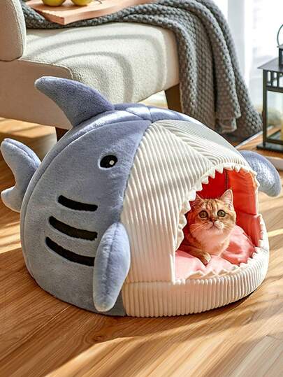 Soft & Warm Enclosed Shark-Shaped Pet Bed, Provides Sense Of Security For Cats & Dogs, Suitable For All Seasons