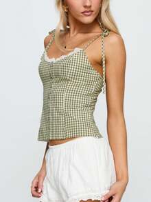 Women Plaid Tie Strap Top Check Print Slim Camisole Cute Lace Trim Scoop Neck Crop Tops Spaghetti Strap Button Tank Tops Shirts For Summer Streetwear - 綠色 - 查看 4