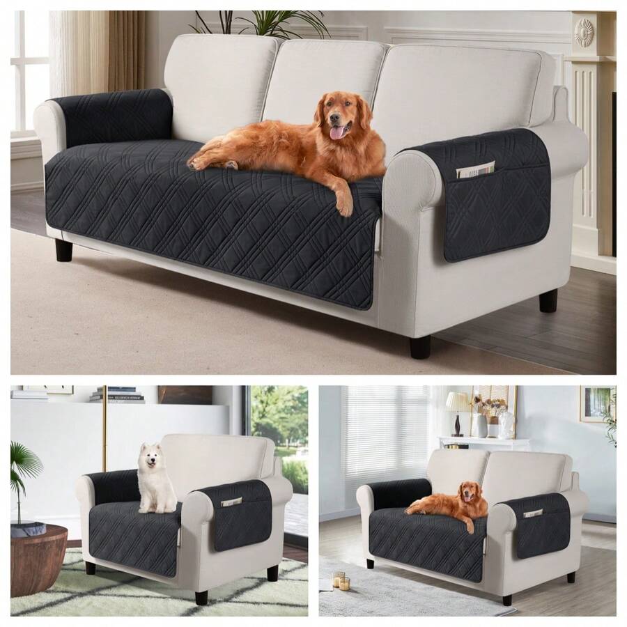 1PC Waterproof Sofa Cover With Side Pocket, Non-Slip Washable Couch Protector, Anti-Scratch Pet Couch Cover For Dogs/Cats, Suitable For 1/2/3 Seater Living Room Black - 黑色 - 查看 1