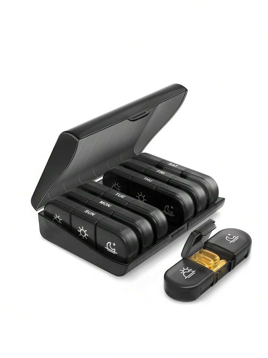 1 Set Of 7-Day Portable Pill Storage Box (7 Dispensing Boxes+1 Storage Box),Medicine Box,Pill Holder, Pill Container, Candy Box Pill Organizer, Pill Box, Pill Case, Multi-Color Travel Medicine Storage Container With Compartments, Used For Organizing Morning/Afternoon/Evening Medicines, 21 Grid Black Medicine Box Classification Box, Portable Medicine Box Plastic Sorting Box - Multicolor - View 1