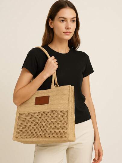 Bolsa Tote Estruturada de Palha com Mix de Texturas e Detalhes em Couro PU  Grande Estilo Resort, Design Artesanal para Verão, Trabalho e Passeio
