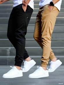 1/2pzs Pantalones holgados y estrechos con cordón y bolsillo de unicolor para hombre, pantalones cargo estrechos para vacaciones largas, regalo para esposo o novio - 2 piezas - Ver 1