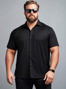 Camisa azul marino de manga corta de negocios casuales para hombre de talla grande, unicolor y versátil - Negro - Ver 2
