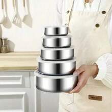 Juego de 5 cajas de almacenamiento para verduras y frutas, utensilios de cocina, con tapa, caja de conservación de alimentos frescos de acero inoxidable con tapa, juego de cinco piezas, refrigerador de cocina, almacenamiento de alimentos frescos, redondo