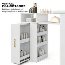 L型美甲桌，带置物架，玻璃桌面，耐丙酮，带储物抽屉、柜子、腕垫和金色把手。美甲桌、美甲台、沙龙设备、美甲桌、美甲师工作台、沙龙家具、美甲师工作台、便携式美甲桌、折叠式美甲桌、沙龙工作台、美甲桌、经济型美甲桌、美甲桌、美容院设备、美甲桌、美甲桌、美发沙龙设备、美甲桌、美甲沙龙家具、便携式美甲桌、美甲桌、美甲桌。 - 白色 - 查看 6