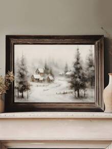 1 pieza Impresión de granja de estilo campestre invernal, arte de pared de paisaje nevado vintage de árboles de pino, arte de pared de paisaje rústico neutral de Navidad, arte de pared invernal, decoración de pared de árbol de Navidad vintage, arte de pared en lienzo, decoración navideña, arte de pared navideño, decoración de dormitorio, decoración de sala de estar