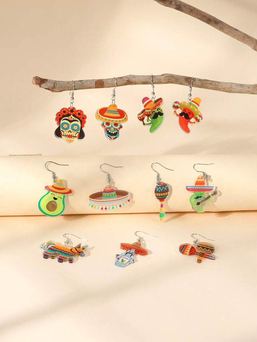 1 Pair Mexican Fiesta Chili Pepper, Tequila Bottle, Skull, Avocado Print Acrylic Day Of The Dead Earrings For Women