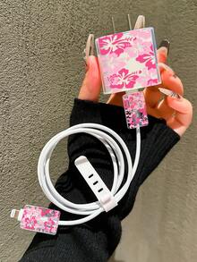 4 件粉色夏季芙蓉花手机充电器保护壳，数据线整理器套装 - 20W/18W 充电器适配器，适配器头盖，兼容 Apple 11/12/13/14/15/16/13promax/16promax，男女通用的礼物，数据线保护器，充电器配件，手机配件