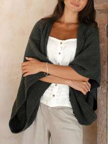Women's Linen Cardigan Loose Slouchy Sweatshirt Shawl - màu đen - Xem 4