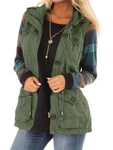 Fnortc Spring And Autumn Practical With Pockets Women's Workwear Vest Buttoned Sleeveless Jacket - xanh quân đội - Xem 4