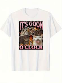 Men's Single Round Neck Short Sleeved Shirt With Quirky Cat Offset Printing Pattern, Suitable For Both Men And Women For All Seasons Casual And Versatile - 白色 - 查看 7