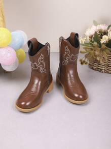 1双儿童时尚休闲牛仔靴，儿童秋冬刺绣中筒复古靴，儿童V型厚筒短靴