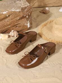 Women's High Heel Slip-On Shoes, Casual Fashion Square Toe Bow Decor Mary Jane Sandals With Adjustable Strap, Comfortable Backless Mules, Elegant Closed Toe Kitten Heels In Camel Color - Brown - View 7