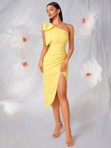 Elisanya One Shoulder Buttercup Yellow Bow Knot High Waist Ruffle Slit Open Back Tie Up Maxi Dress For Party, Ball, Banquet - Yellow - View 5