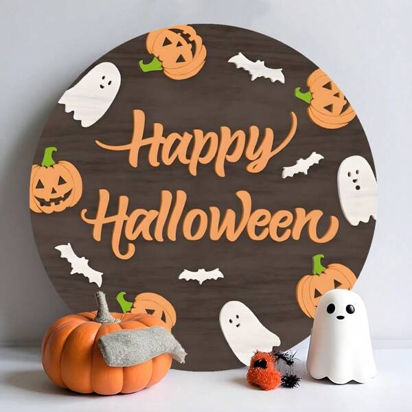 1 pièce Panneau plat Halloween 2D en aluminium rond de 20 cm "Joyeux Halloween" - Décoration murale/de porte pour vacances, décoration de maison de fête, accessoire d'ambiance créative pour Halloween, décoration d'automne