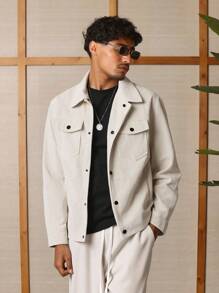 Herren einfarbige Cord-Outdoorjacke mit Knopfleiste, Langarm, für Herbst und Winter