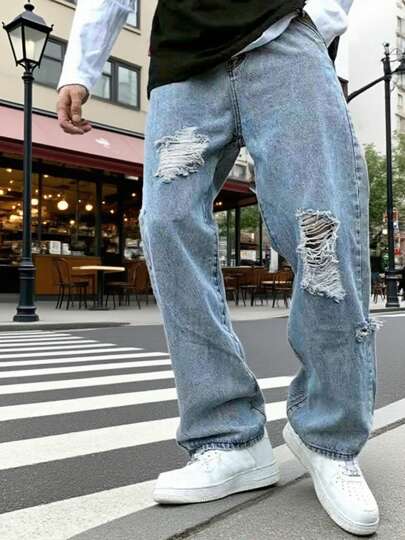 Baggy Fit Denim Jeans - Light Wash, Street Art Vibe- Distressed, Urban Graffiti Style,Viral Denim Jacket - Baggy, Light Wash Streetwear- Oversized, Layering Essential For Street Style- Baggy Fit, Light Wash Graffiti Aesthetic