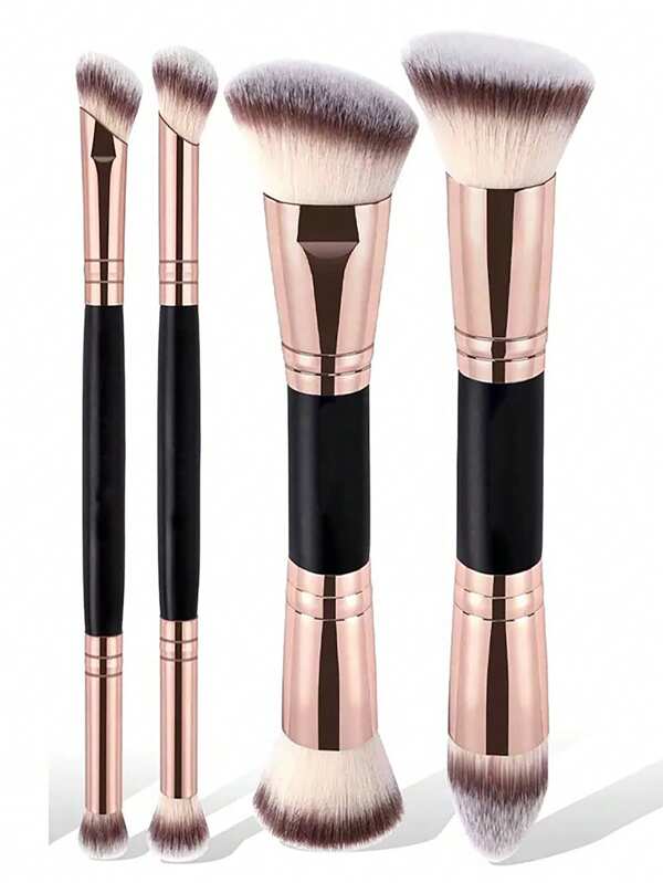 Conjunto profissional de 4 pincéis de maquiagem com ponta dupla: pincel angular e cônico para base, pincel de contorno, pincel para blush, pincel para pó, pincel para sombra, pincel para corretivo, pincel para iluminador, pincel para esfumar. Pincéis de fibra macia, portáteis para viagens, ótimo presente para mulheres e meninas.