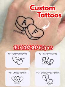 10/20/30/60pcs Customized Thin Line Abbreviation Temporary Tattoo Customization, Wedding Tattoo, Love Valentine's Day, Lover's Gift, Event Tattoo, Wedding Gift, Custom Text Heart Tattoo Sticker, Retro Heart Tattoo Sticker - Multicolor - View 1